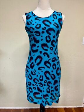Vintage Miu Miu Y2K Turquoise Leopard Print Sleeveless Dress (Early 2000s)